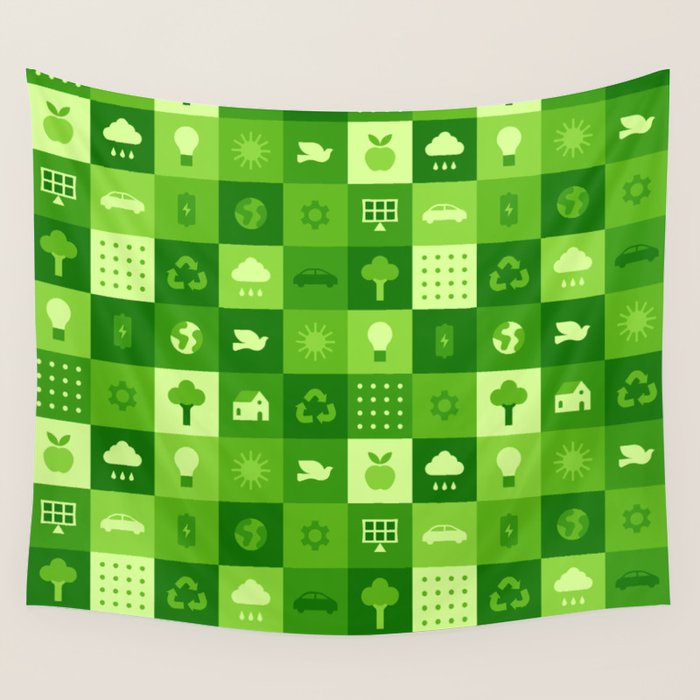 Green eco friendly nature geometric mosaic pattern Wall Tapestry Gallery Image 1