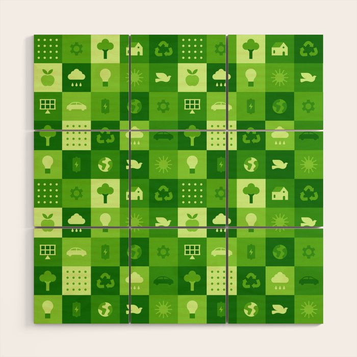 Green eco friendly nature geometric mosaic pattern Wood Wall Art Gallery Image 1