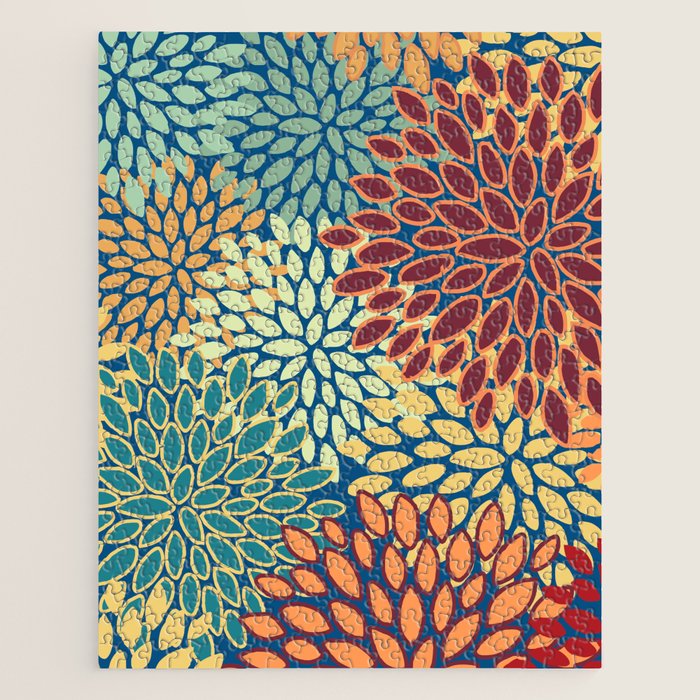 Festive Floral Prints, Red, Teal, Yellow, Orange, Colourful Prints Jigsaw Puzzle Gallery Image 1