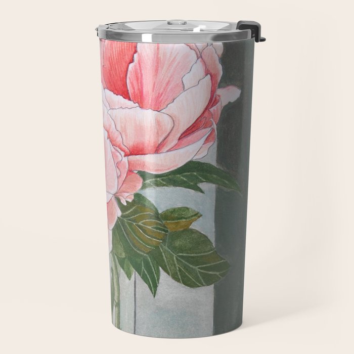Peonies in the Window Still Life Travel Mug Gallery Image 2