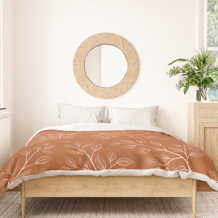 Delicate White Leaves and Branch on a Rust Orange Background Duvet Cover Gallery Image 3
