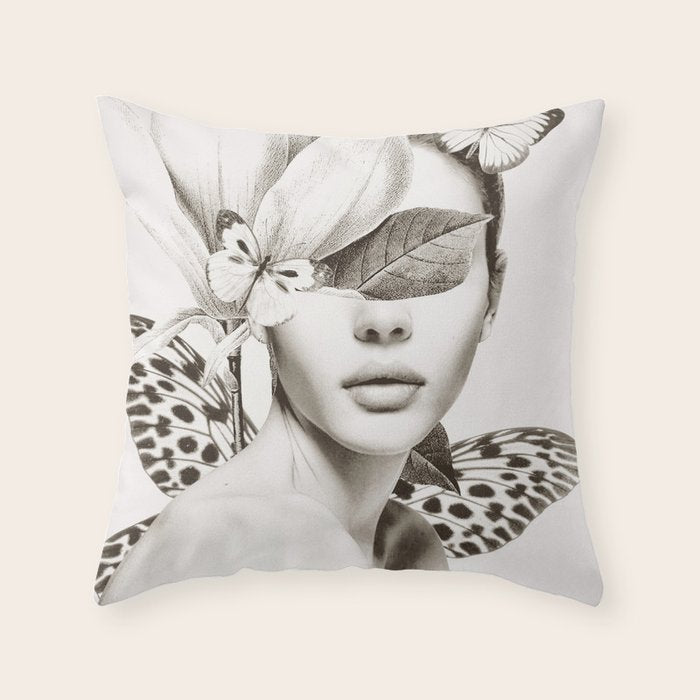 PORTRAIT /Woman with flower and butterflies Throw Pillow Gallery Image 1