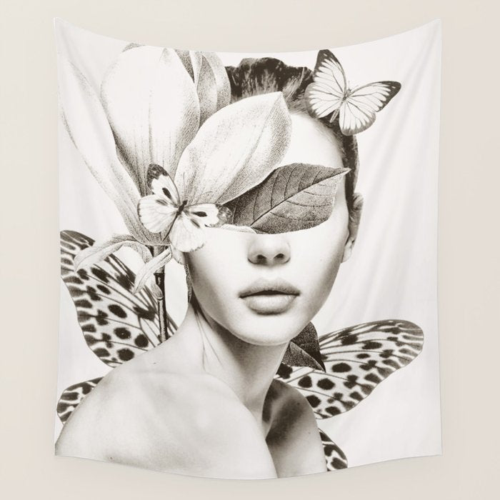 PORTRAIT /Woman with flower and butterflies Wall Tapestry Gallery Image 4