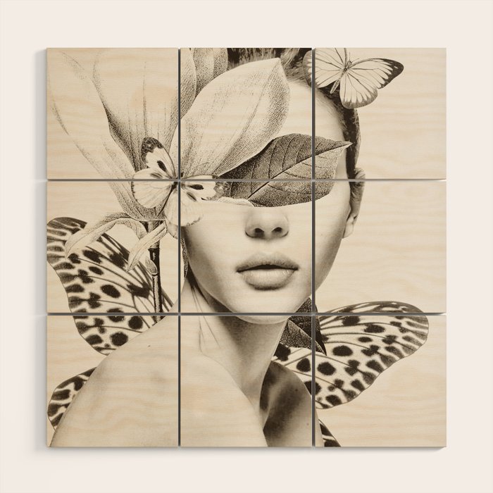 PORTRAIT /Woman with flower and butterflies Wood Wall Art Gallery Image 1
