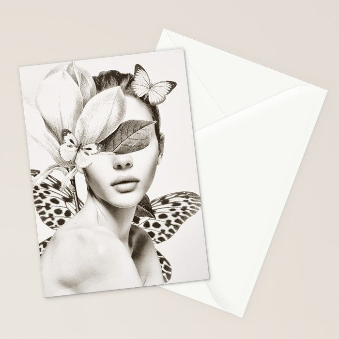 PORTRAIT /Woman with flower and butterflies Stationery Card Gallery Image 2