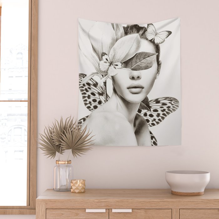 PORTRAIT /Woman with flower and butterflies Wall Tapestry Gallery Image 2