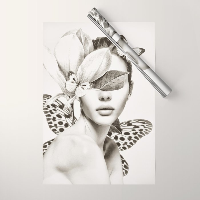 PORTRAIT /Woman with flower and butterflies Wrapping Paper Gallery Image 1