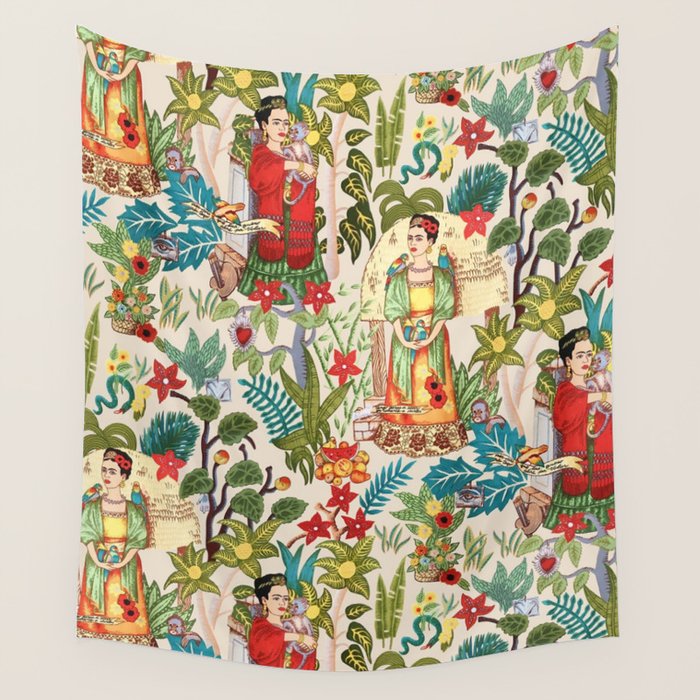 Frida's CoyoacÃ¡n Mexican Garden of Casa Azul Lush Tropical  floral painting Wall Tapestry Gallery Image 1