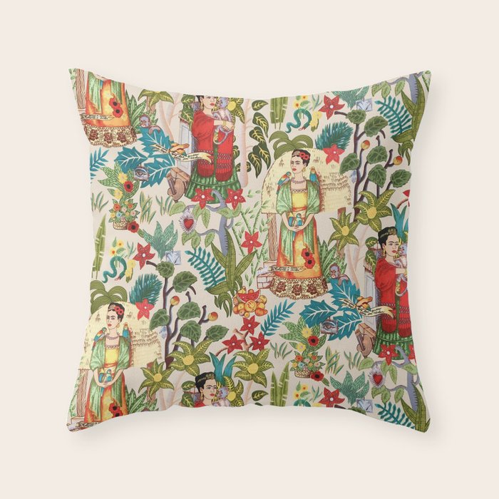 Frida's CoyoacÃ¡n Mexican Garden of Casa Azul Lush Tropical  floral painting Throw Pillow Gallery Image 6