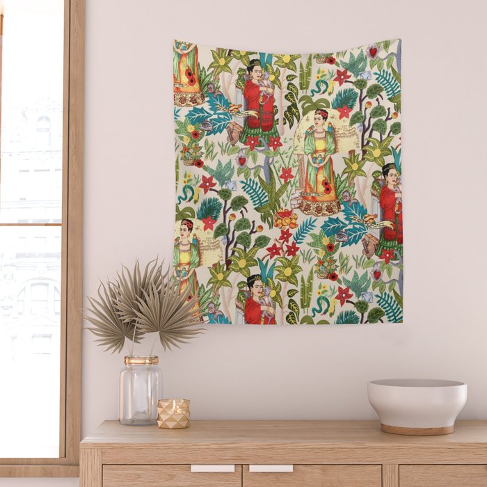 Frida's CoyoacÃ¡n Mexican Garden of Casa Azul Lush Tropical  floral painting Wall Tapestry Gallery Image 2