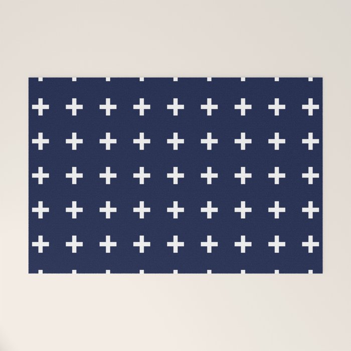 Navy Blue Swiss Cross Minimalist Line Drawing Welcome Mat Gallery Image 1