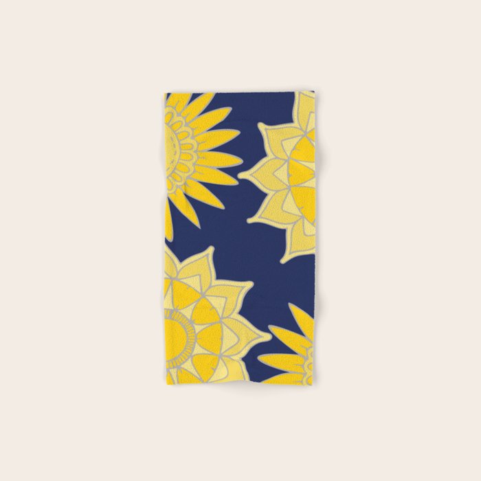 Sunshine yellow navy blue abstract floral mandala Bath Towel Gallery Image 1