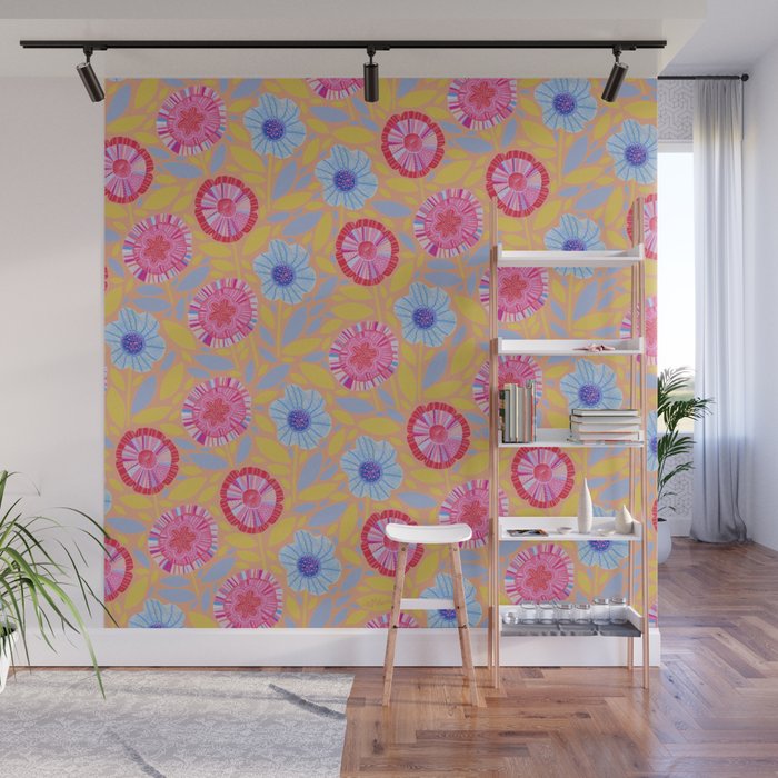 Folk Floral Blossoms in Pastel Pink Wall Mural Gallery Image 1
