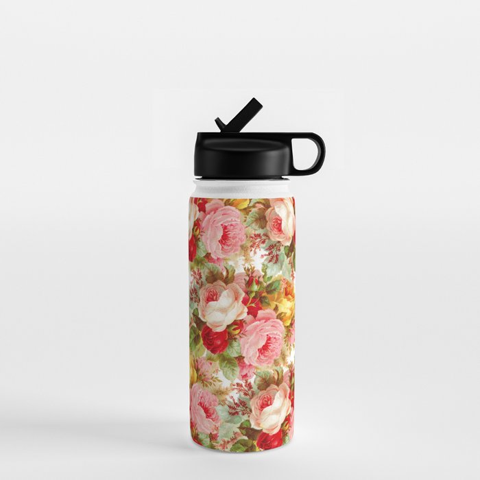 Boho chic pink yellow red roses floral vintage painting Water Bottle Gallery Image 1