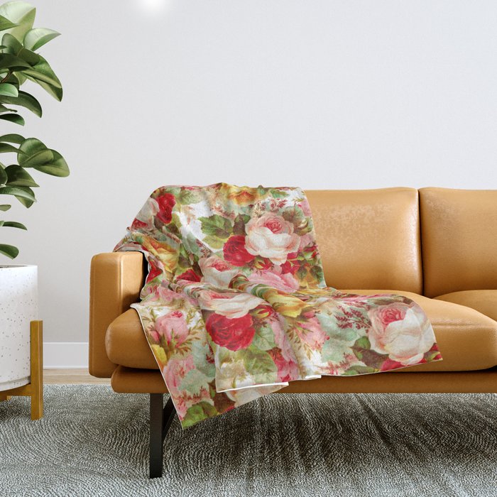 Boho chic pink yellow red roses floral vintage painting Throw Blanket Gallery Image 1