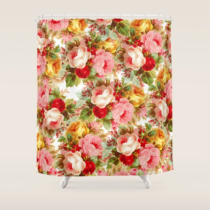 Boho chic pink yellow red roses floral vintage painting Shower Curtain Gallery Image 1