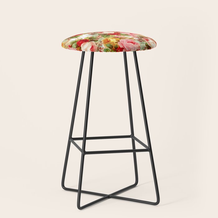 Boho chic pink yellow red roses floral vintage painting Stool Gallery Image 1