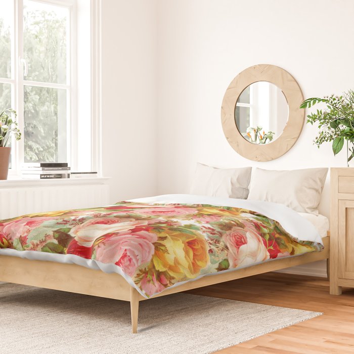 Boho chic pink yellow red roses floral vintage painting Duvet Cover Gallery Image 2