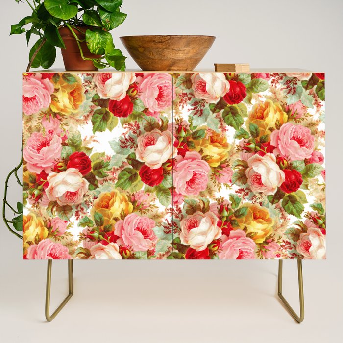 Boho chic pink yellow red roses floral vintage painting Credenza Gallery Image 1