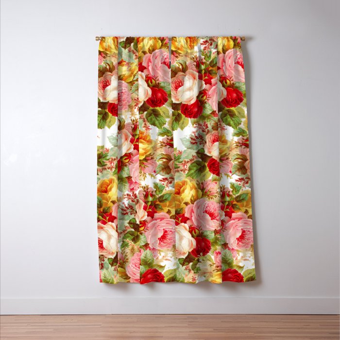 Boho chic pink yellow red roses floral vintage painting Window Curtain Gallery Image 3