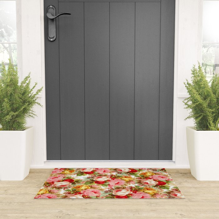 Boho chic pink yellow red roses floral vintage painting Welcome Mat Gallery Image 3