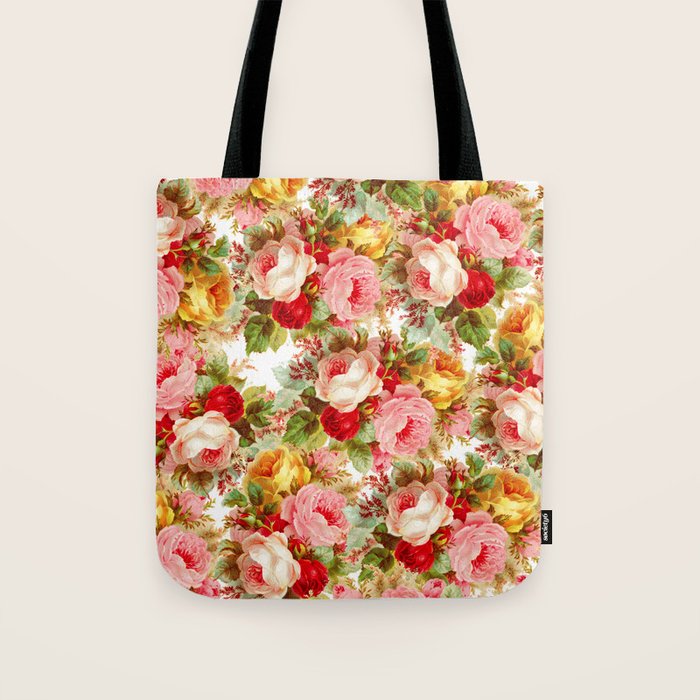 Boho chic pink yellow red roses floral vintage painting Tote Bag Gallery Image 1