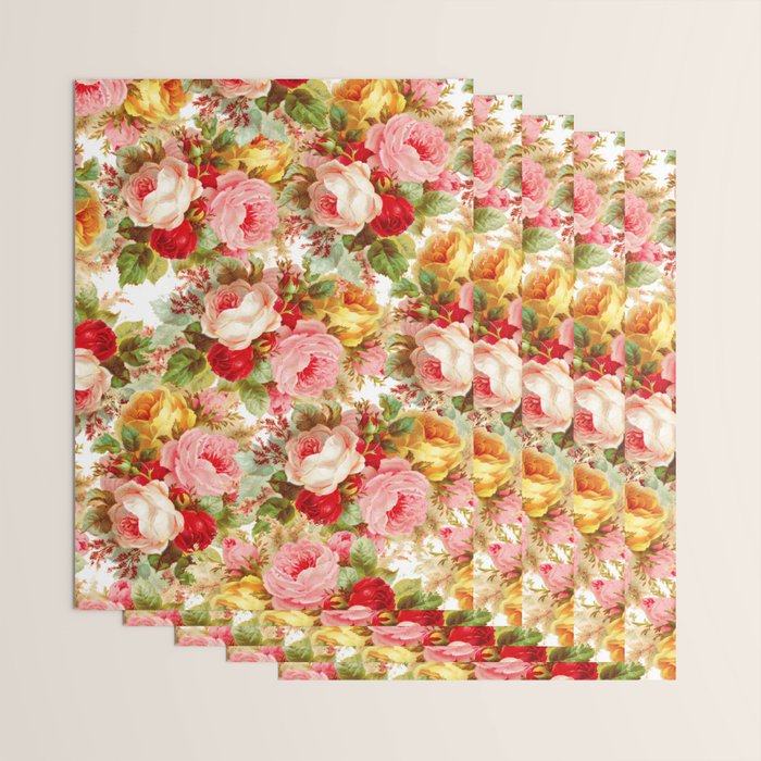 Boho chic pink yellow red roses floral vintage painting Wrapping Paper Gallery Image 3