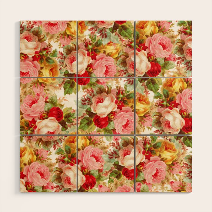 Boho chic pink yellow red roses floral vintage painting Wood Wall Art Gallery Image 1