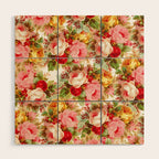 Boho chic pink yellow red roses floral vintage painting Wood Wall Art Gallery Image 1