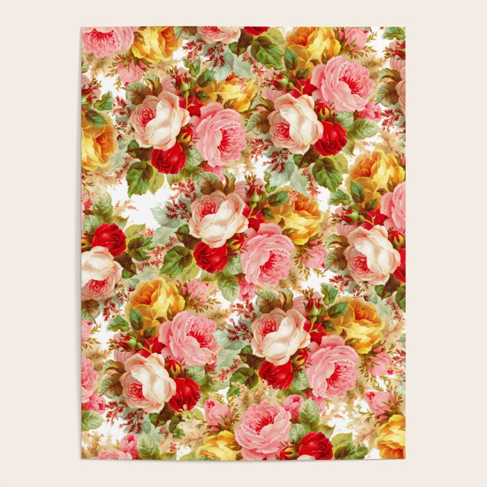 Boho chic pink yellow red roses floral vintage painting Poster Gallery Image 4