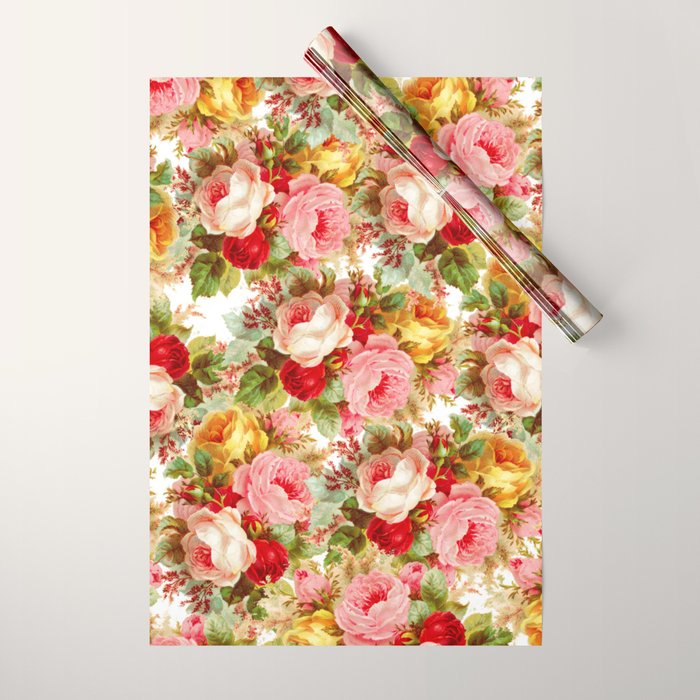 Boho chic pink yellow red roses floral vintage painting Wrapping Paper Gallery Image 1