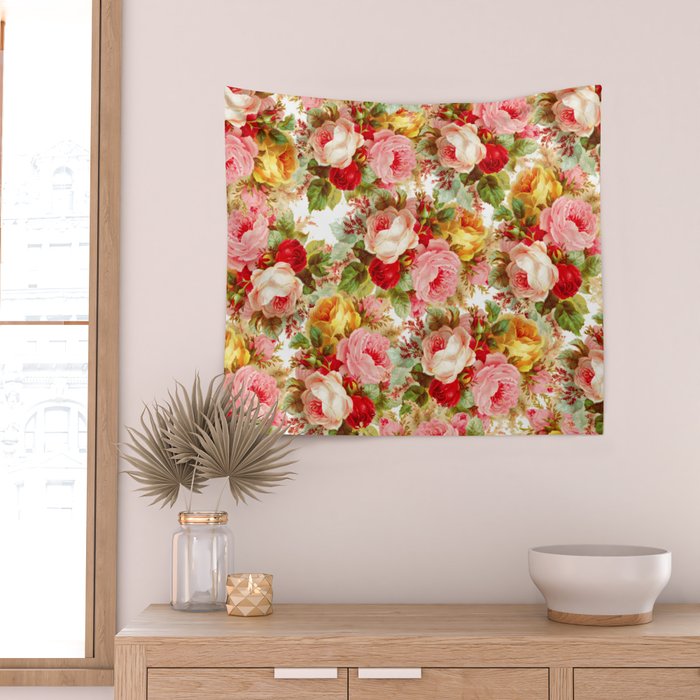 Boho chic pink yellow red roses floral vintage painting Wall Tapestry Gallery Image 2