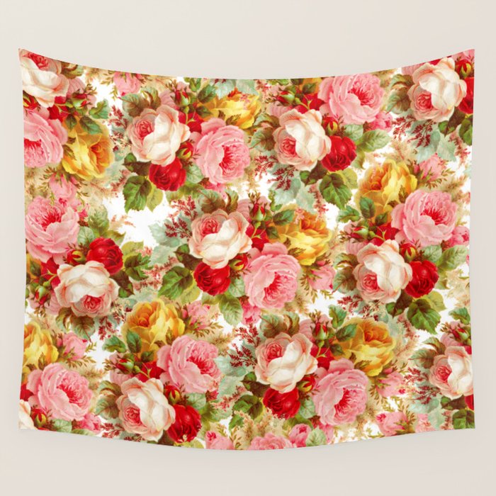 Boho chic pink yellow red roses floral vintage painting Wall Tapestry Gallery Image 4