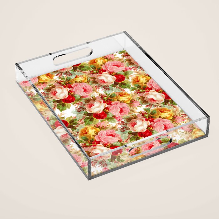Boho chic pink yellow red roses floral vintage painting Acrylic Tray Gallery Image 1