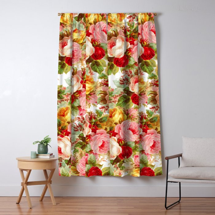 Boho chic pink yellow red roses floral vintage painting Window Curtain Gallery Image 1