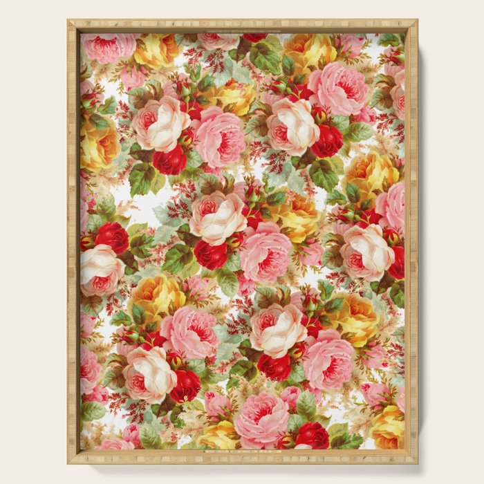 Boho chic pink yellow red roses floral vintage painting Serving Tray Gallery Image 1