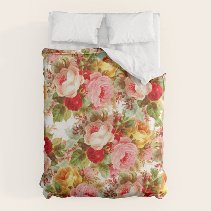 Boho chic pink yellow red roses floral vintage painting Duvet Cover Gallery Image 1