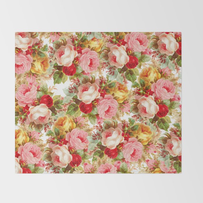 Boho chic pink yellow red roses floral vintage painting Throw Blanket Gallery Image 2