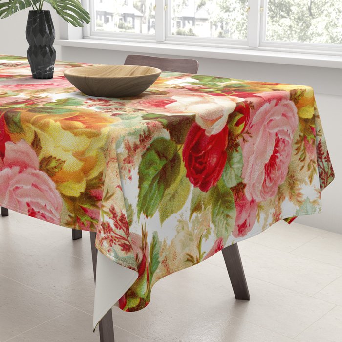 Boho chic pink yellow red roses floral vintage painting Tablecloth Gallery Image 3