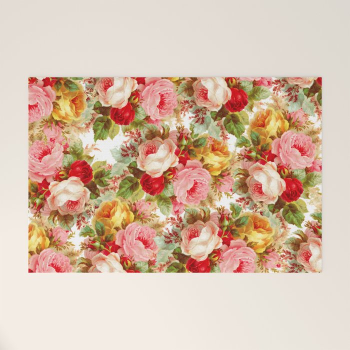 Boho chic pink yellow red roses floral vintage painting Welcome Mat Gallery Image 1