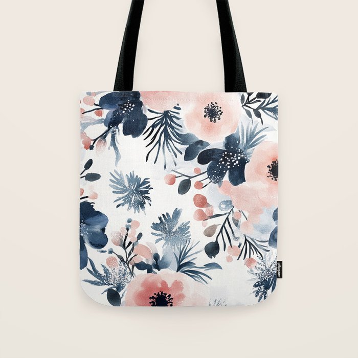 Pink Blue Watercolor Poppies Flowers Illustration Tote Bag Gallery Image 1