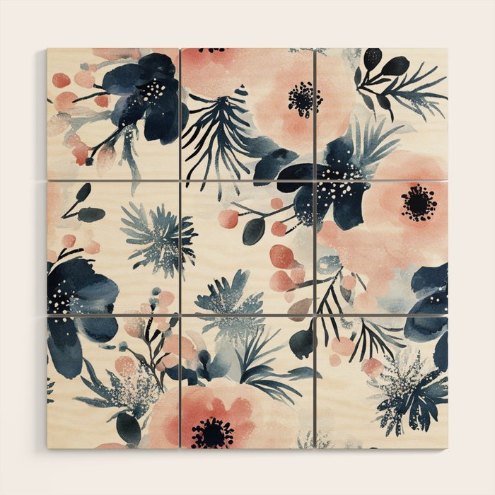 Pink Blue Watercolor Poppies Flowers Illustration Wood Wall Art Gallery Image 1