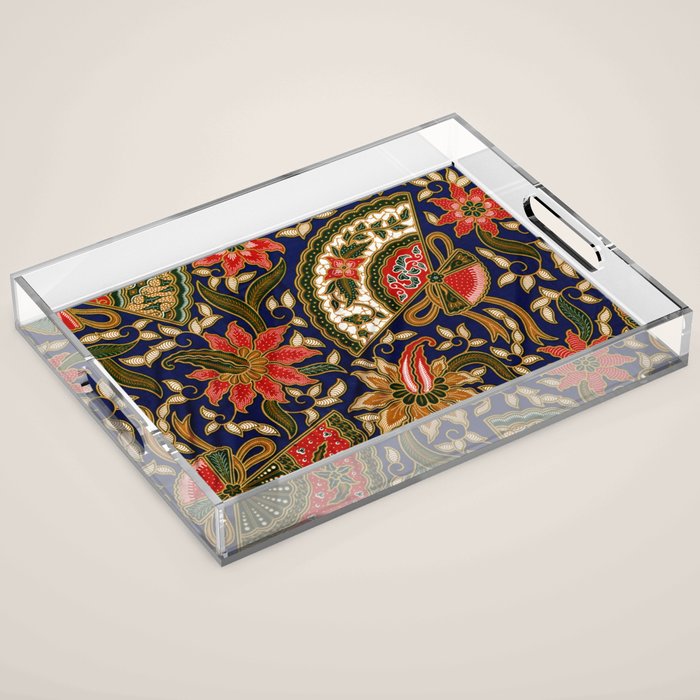 Indonesian Batik Floral Pattern With Fans Acrylic Tray Gallery Image 1