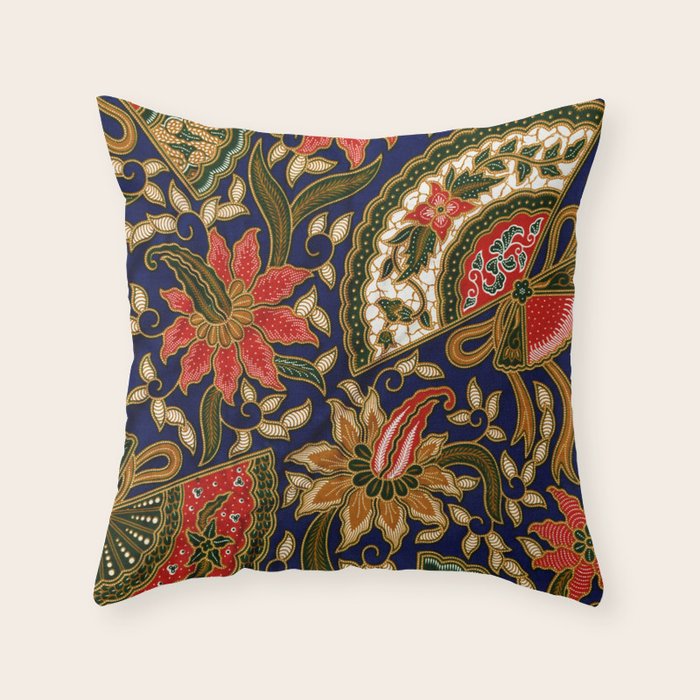 Indonesian Batik Floral Pattern With Fans Throw Pillow Gallery Image 1