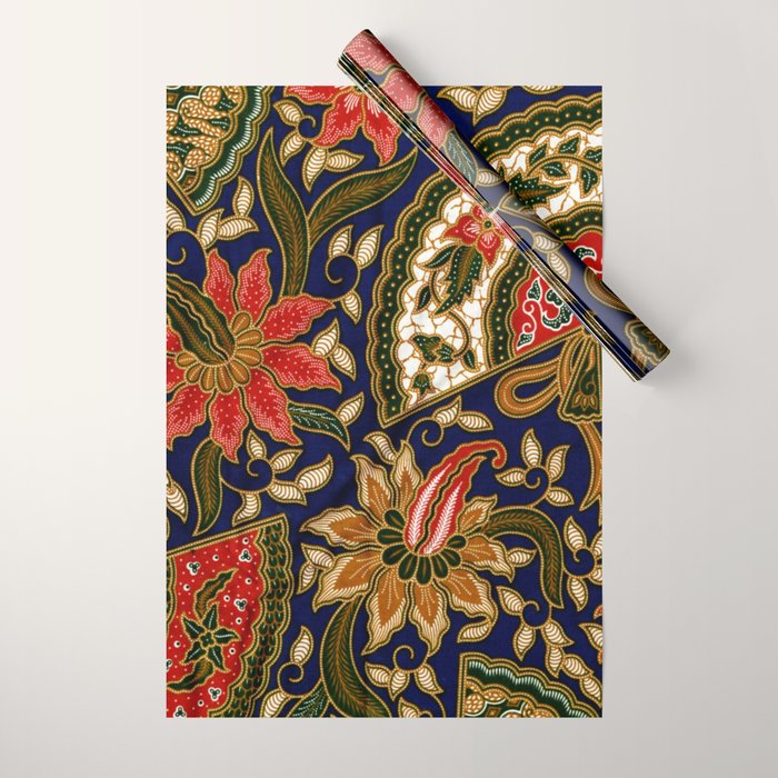 Indonesian Batik Floral Pattern With Fans Wrapping Paper Gallery Image 1