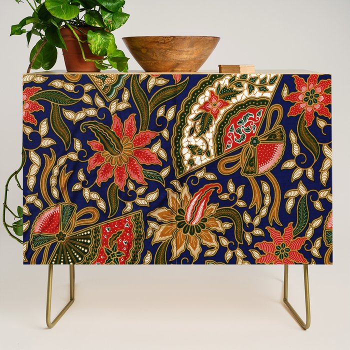 Indonesian Batik Floral Pattern With Fans Credenza Gallery Image 1