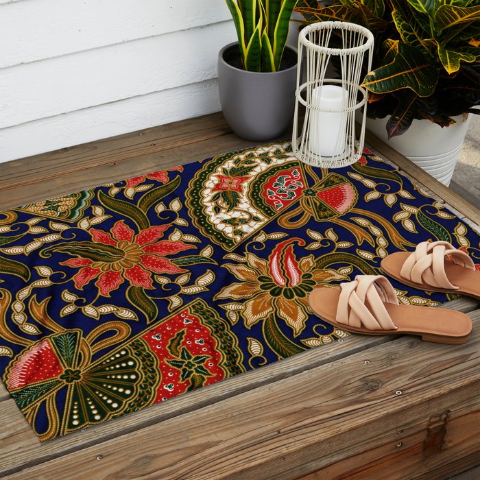 Indonesian Batik Floral Pattern With Fans Outdoor Rug Gallery Image 2