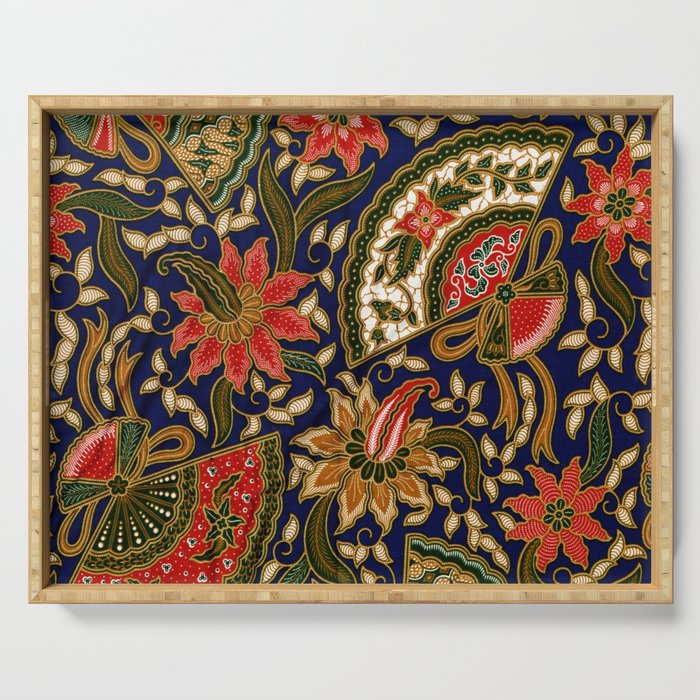 Indonesian Batik Floral Pattern With Fans Serving Tray Gallery Image 1