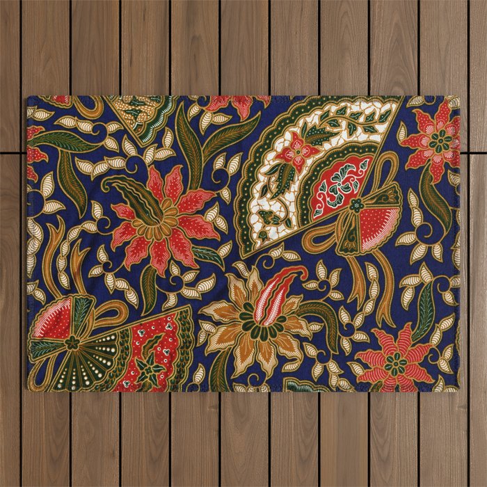 Indonesian Batik Floral Pattern With Fans Outdoor Rug Gallery Image 1