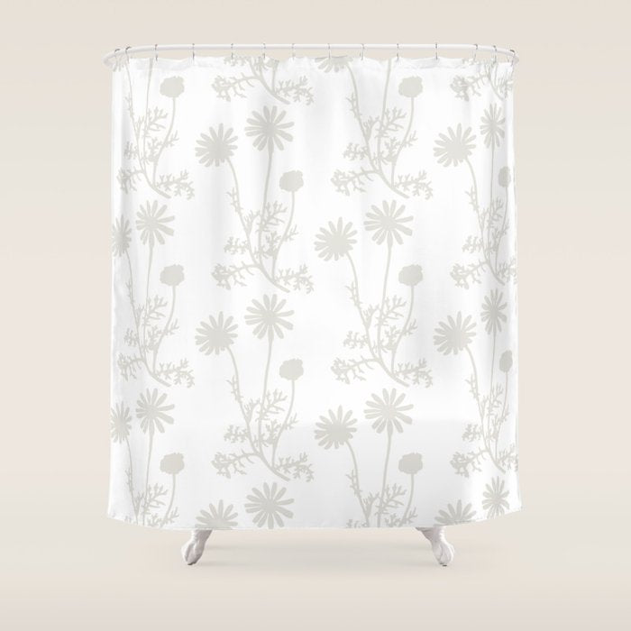 White on White Floral Botanical Wild Daisies Cottage Pattern Shower Curtain Gallery Image 1
